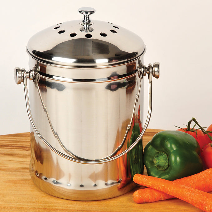Stainless steel compost pail with vented lid and sturdy handle designed for odor control, ideal for kitchen use and included in Farm, Garden & Tool, Composting, and Garden Accessories collections.