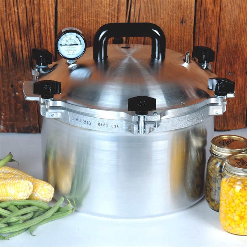 Handcrafted large-capacity pressure canner with secure locking lid, pressure gauge, and black handles, made in USA, ideal for Kitchen & Food, Food Preservation, and Canning collections.