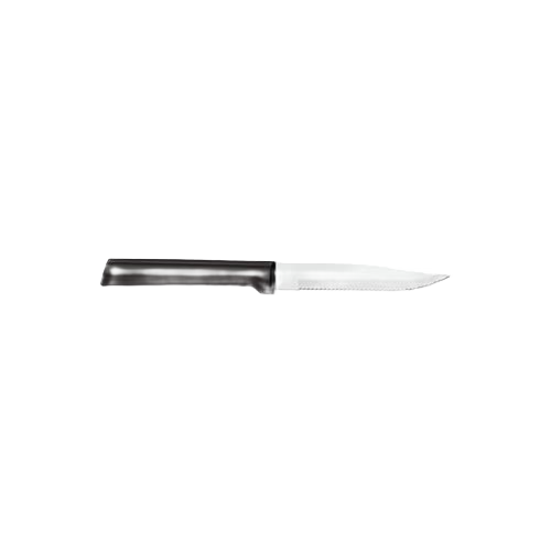 Handcrafted serrated steak knife with a high carbon surgical stainless steel blade and solid black aluminum handle, made in USA for Kitchen & Food and Best Sellers collections.
