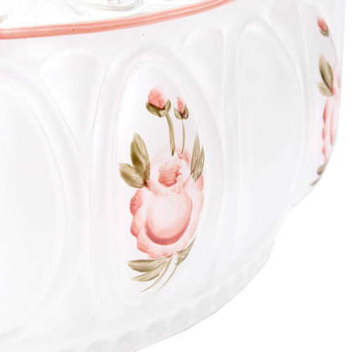 Handcrafted pink rose pattern on a glass oil lamp shade section, featuring soft green leaves and scalloped design, suitable for lamps & lighting and lamp shade collections.