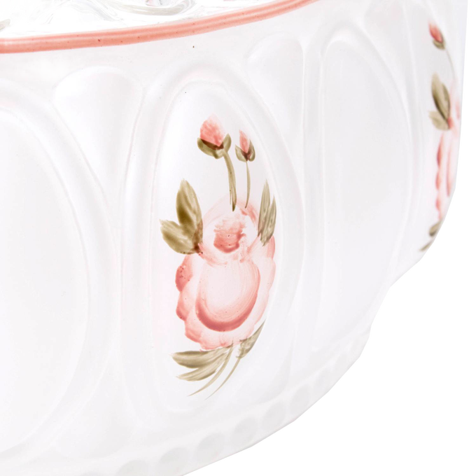 Handcrafted pink rose pattern on a glass oil lamp shade section, featuring soft green leaves and scalloped design, suitable for lamps & lighting and lamp shade collections.