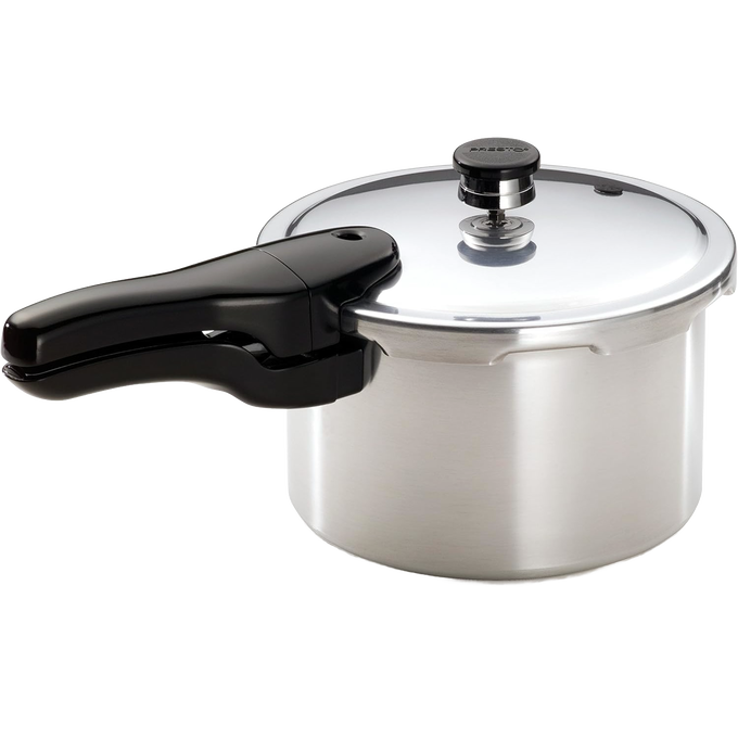 Handcrafted aluminum pressure cooker with a polished finish and black ergonomic handle, designed for fast, nutritious meals, featured in Kitchen & Food, Cookware, Pots and Pans, Best Sellers, and Promo Eligible collections.