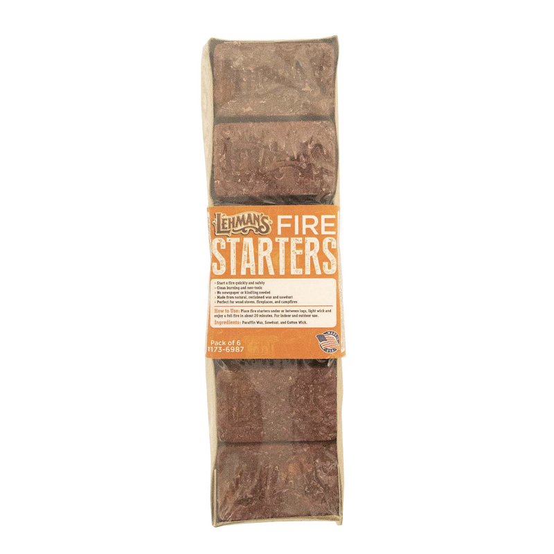 Pack of six handcrafted reddish-brown fire starters made in the USA, featuring natural reclaimed wax and sawdust with thick cotton wicks, ideal for Farm, Garden & Tool, Stoves, Camping, and Hearth Accessories collections.