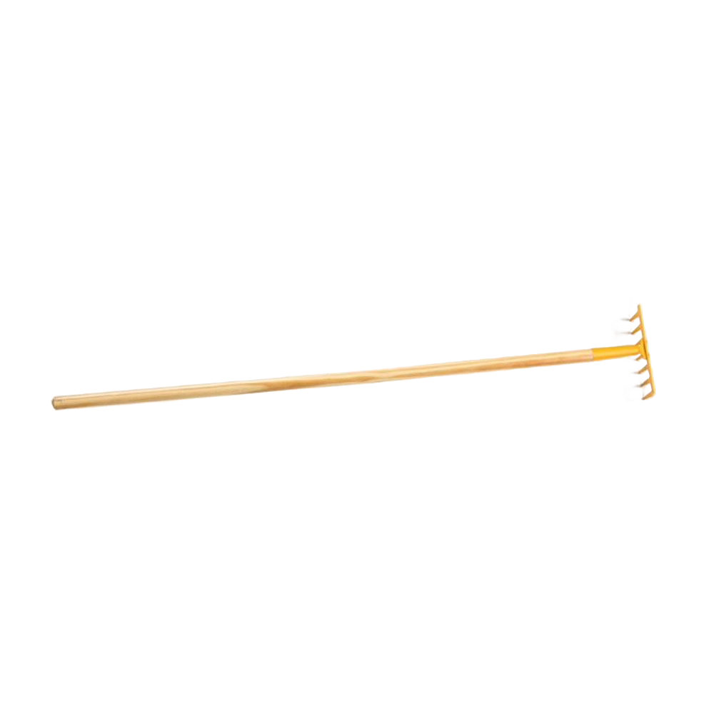 Child-sized real gardening rake with a wooden handle and yellow metal head, designed for children ages 6 and up with adult supervision, ideal for outdoor play and featured in Toys, Books & Games, Children's Toys, Outdoor Play, Best Sellers, and Promo Eligible collections.