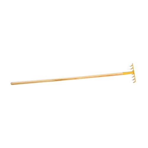 Child-sized real gardening rake with a wooden handle and yellow metal head, designed for children ages 6 and up with adult supervision, ideal for outdoor play and featured in Toys, Books & Games, Children's Toys, Outdoor Play, Best Sellers, and Promo Eligible collections.