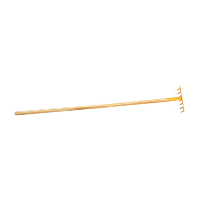 Child-sized real gardening rake with a wooden handle and yellow metal head, designed for children ages 6 and up with adult supervision, ideal for outdoor play and featured in Toys, Books & Games, Children's Toys, Outdoor Play, Best Sellers, and Promo Eligible collections.