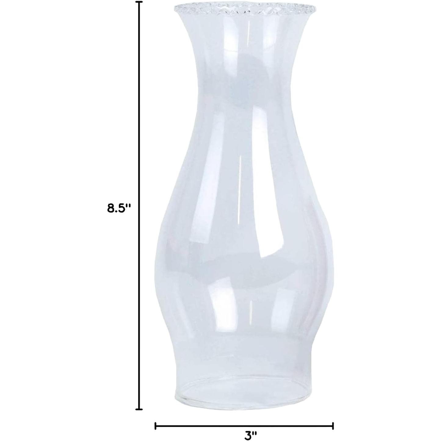 Clear crimp top glass oil lamp chimney with a 3-inch base, designed for lamps and lighting, parts and accessories, chimneys and globes, featured in best sellers and promo eligible collections.