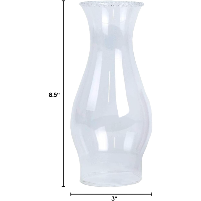 Clear crimp top glass oil lamp chimney with a 3-inch base, designed for lamps and lighting, parts and accessories, chimneys and globes, featured in best sellers and promo eligible collections.