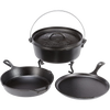 Set of handcrafted cast iron cookware featuring a camp Dutch oven, skillet, and griddle with wildlife designs, made in USA, perfect for Kitchen & Food and Cookware collections.