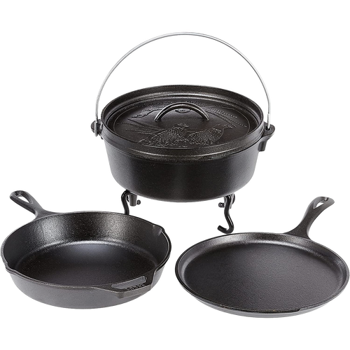 Set of handcrafted cast iron cookware featuring a camp Dutch oven, skillet, and griddle with wildlife designs, made in USA, perfect for Kitchen & Food and Cookware collections.