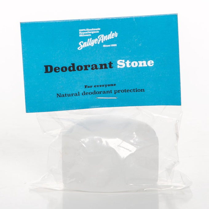 Clear natural deodorant stone in transparent packaging with blue label highlighting handmade, chemical-free deodorant protection, fitting Health & Wellness and Grooming collections