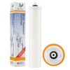 White cylindrical water filter cartridge designed to reduce fluoride, shown with packaging and branded top view, featured in Appliances and Water Heating and Treatment collections.