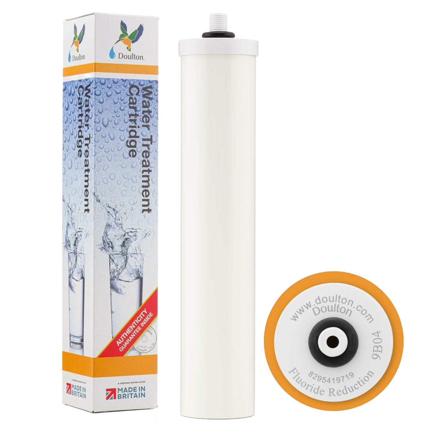 White cylindrical water filter cartridge designed to reduce fluoride, shown with packaging and branded top view, featured in Appliances and Water Heating and Treatment collections.