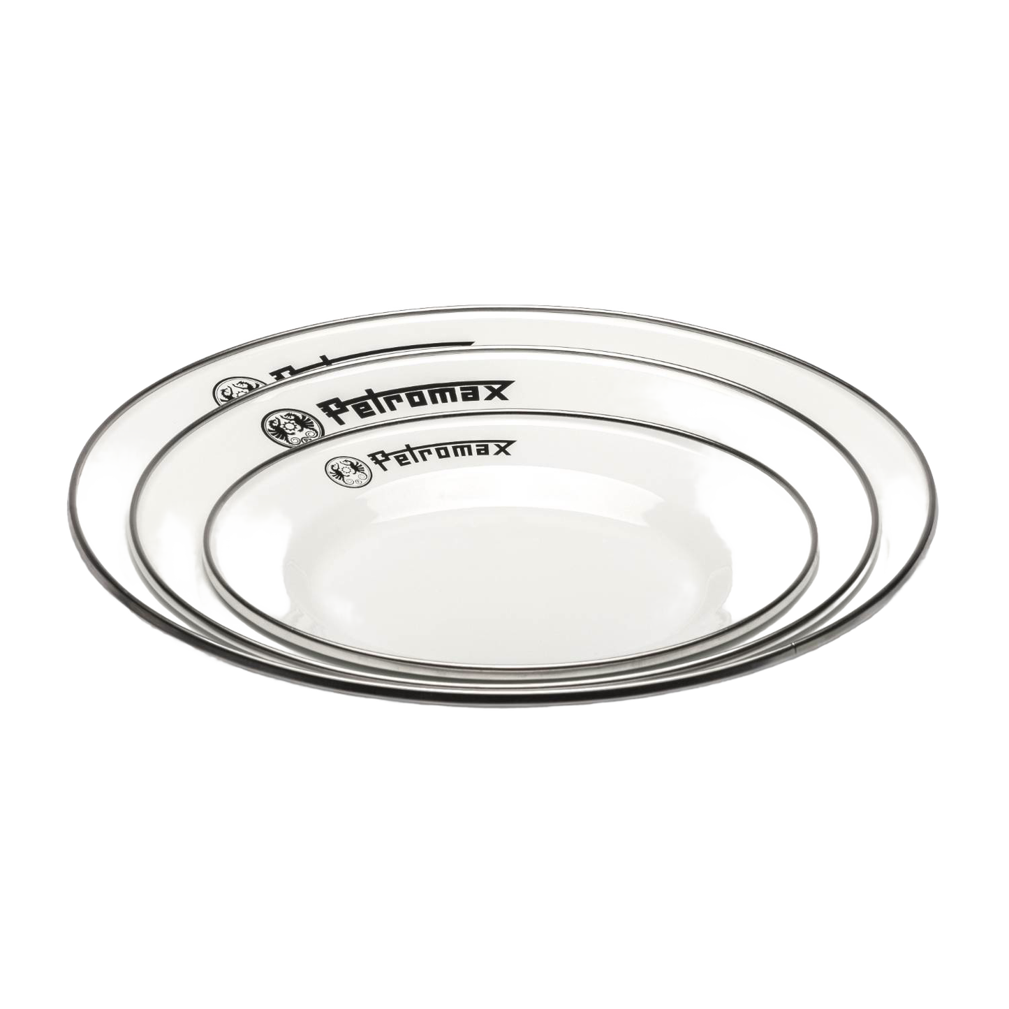 Two sturdy white enamel plates with black rims and Petromax logo, lightweight and heat-resistant, ideal for Farm, Garden & Tool, Kitchen & Food, Camping, Dinnerware, Best Sellers, and Promo Eligible collections.