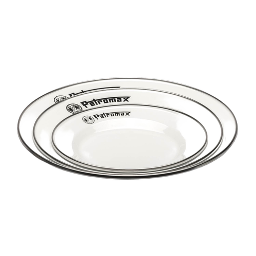 Two sturdy white enamel plates with black rims and Petromax logo, lightweight and heat-resistant, ideal for Farm, Garden & Tool, Kitchen & Food, Camping, Dinnerware, Best Sellers, and Promo Eligible collections.