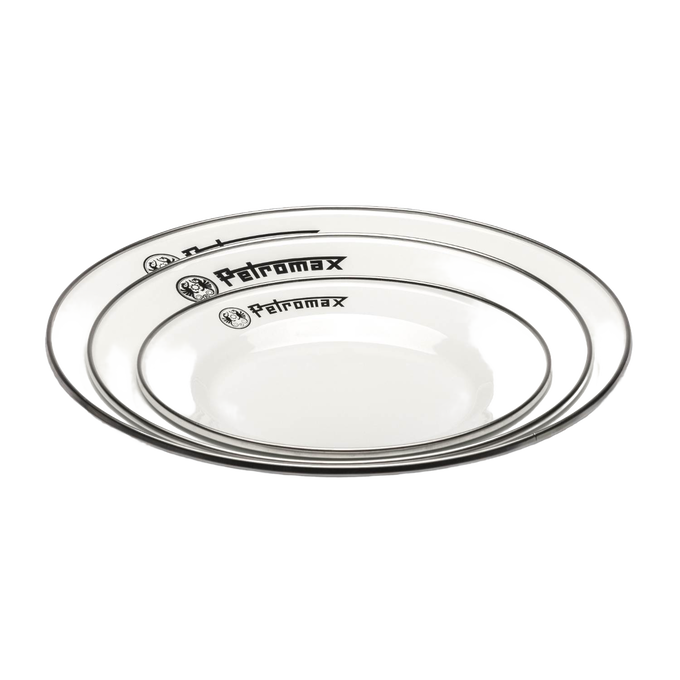 Two sturdy white enamel plates with black rims and Petromax logo, lightweight and heat-resistant, ideal for Farm, Garden & Tool, Kitchen & Food, Camping, Dinnerware, Best Sellers, and Promo Eligible collections.