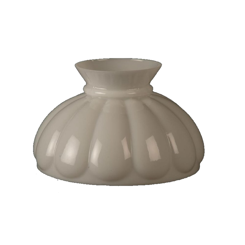 Glossy white opal glass lamp shade with melon-shaped ribbing, designed for oil lamps, featured in Lamps & Lighting, Parts and Accessories, Lamp Shades, Best Sellers, and Promo Eligible collections.