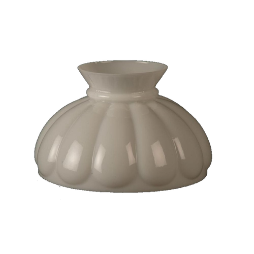 Glossy white opal glass lamp shade with melon-shaped ribbing, designed for oil lamps, featured in Lamps & Lighting, Parts and Accessories, Lamp Shades, Best Sellers, and Promo Eligible collections.