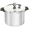 Polished aluminum pressure canner with secure locking lid, pressure gauge, and heat-resistant handles, designed for food preservation and home canning collections.