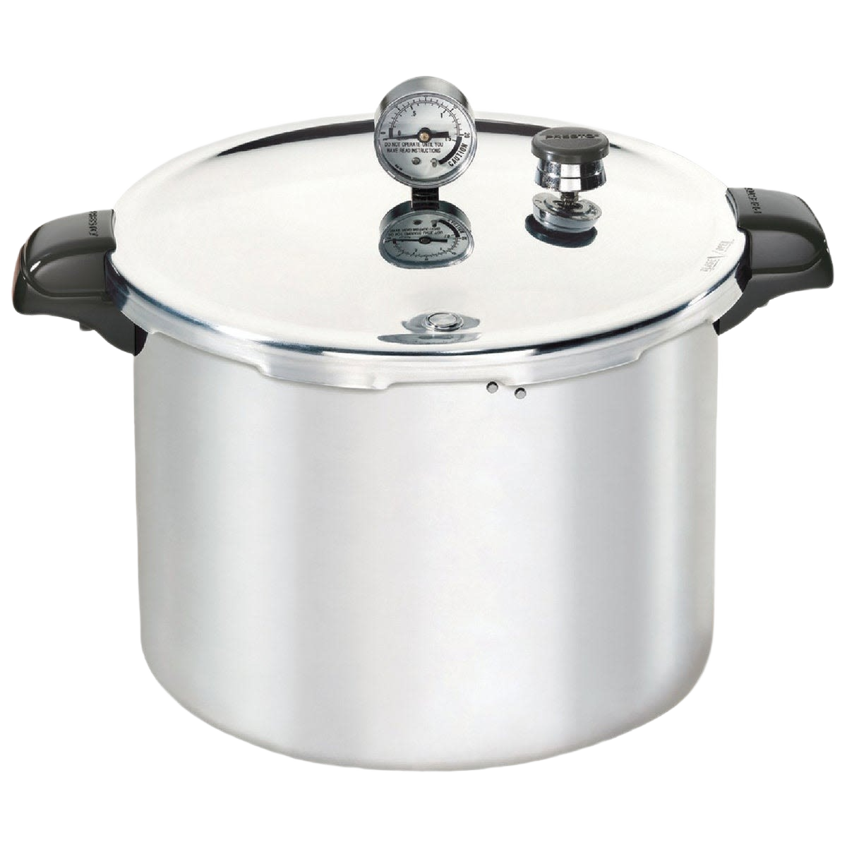 Polished aluminum pressure canner with secure locking lid, pressure gauge, and heat-resistant handles, designed for food preservation and home canning collections.