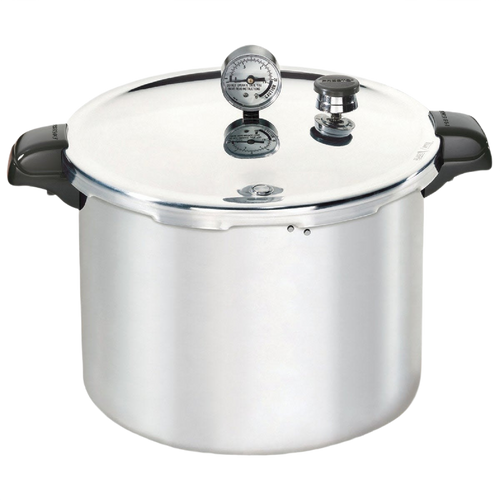 Polished aluminum pressure canner with secure locking lid, pressure gauge, and heat-resistant handles, designed for food preservation and home canning collections.