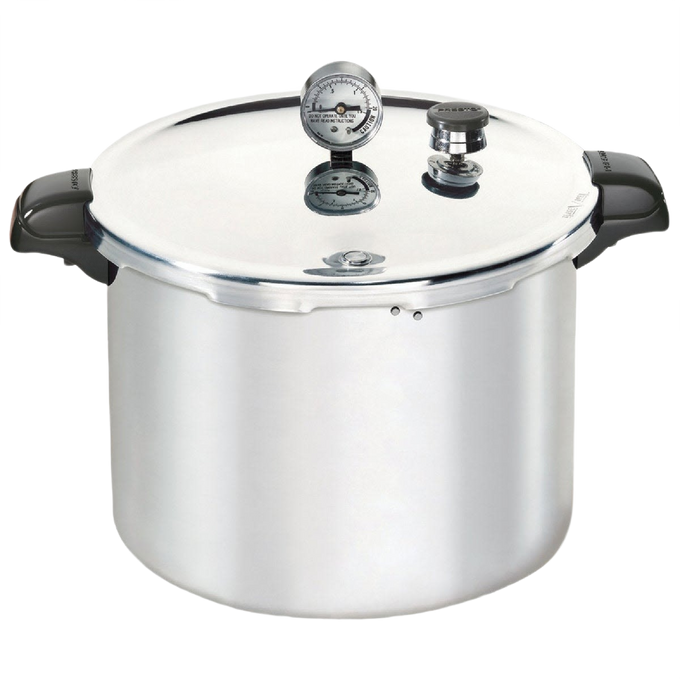 Polished aluminum pressure canner with secure locking lid, pressure gauge, and heat-resistant handles, designed for food preservation and home canning collections.