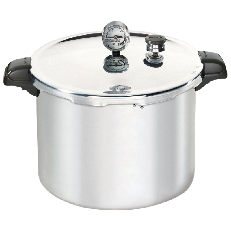 Polished aluminum pressure canner with secure locking lid, pressure gauge, and heat-resistant handles, designed for food preservation and home canning collections.