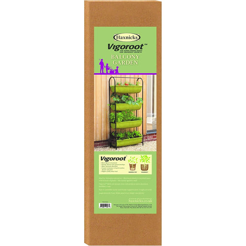 Tall vertical packaging box showing a handcrafted multi-tier vertical garden planter with four deep planting troughs, designed for small space vegetable and herb growing, featured in Farm, Garden & Tool, Garden Accessories, Best Sellers, and Promo Eligible collections.