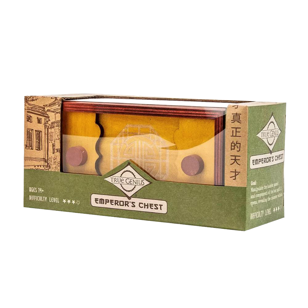 Wooden brainteaser puzzle box with intricate locking mechanisms, designed for ages 14 and up, featured in puzzles, games, and children's toys collections.