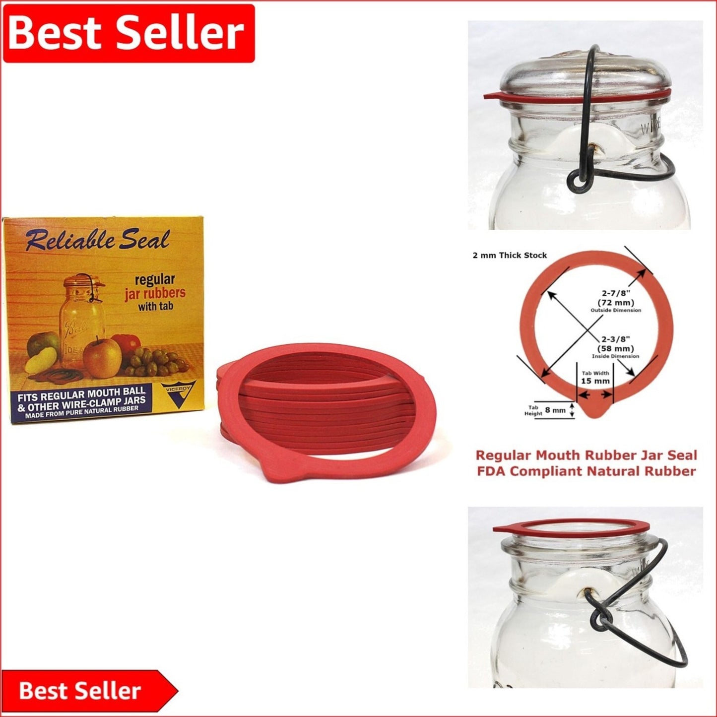 Bundle of traditional red rubber sealing rings with tabs for regular-mouth mason jars, FDA compliant natural rubber, featured with glass jars and measurements, ideal for Kitchen & Food and Food Preservation collections.