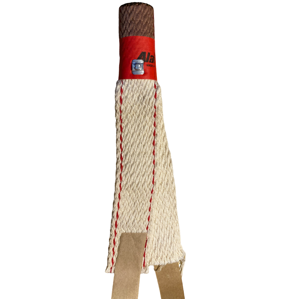 Natural fiber oil lamp wick with red stitching and brown top, designed for use in lamps and lighting, parts and accessories, wicks and mantles collections, handcrafted quality.