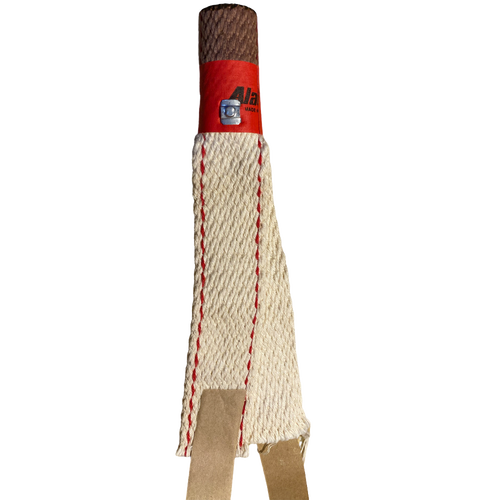 Natural fiber oil lamp wick with red stitching and brown top, designed for use in lamps and lighting, parts and accessories, wicks and mantles collections, handcrafted quality.