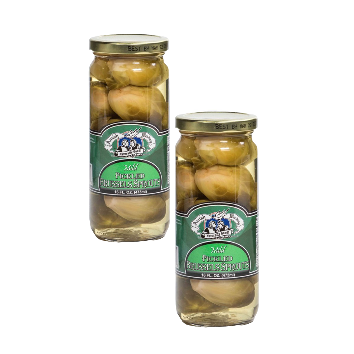 Two glass jars of mild pickled Brussels sprouts in clear brine with green labels and gold lids, handcrafted and made in USA, ideal for Kitchen & Food, Pantry, and Best Sellers collections.