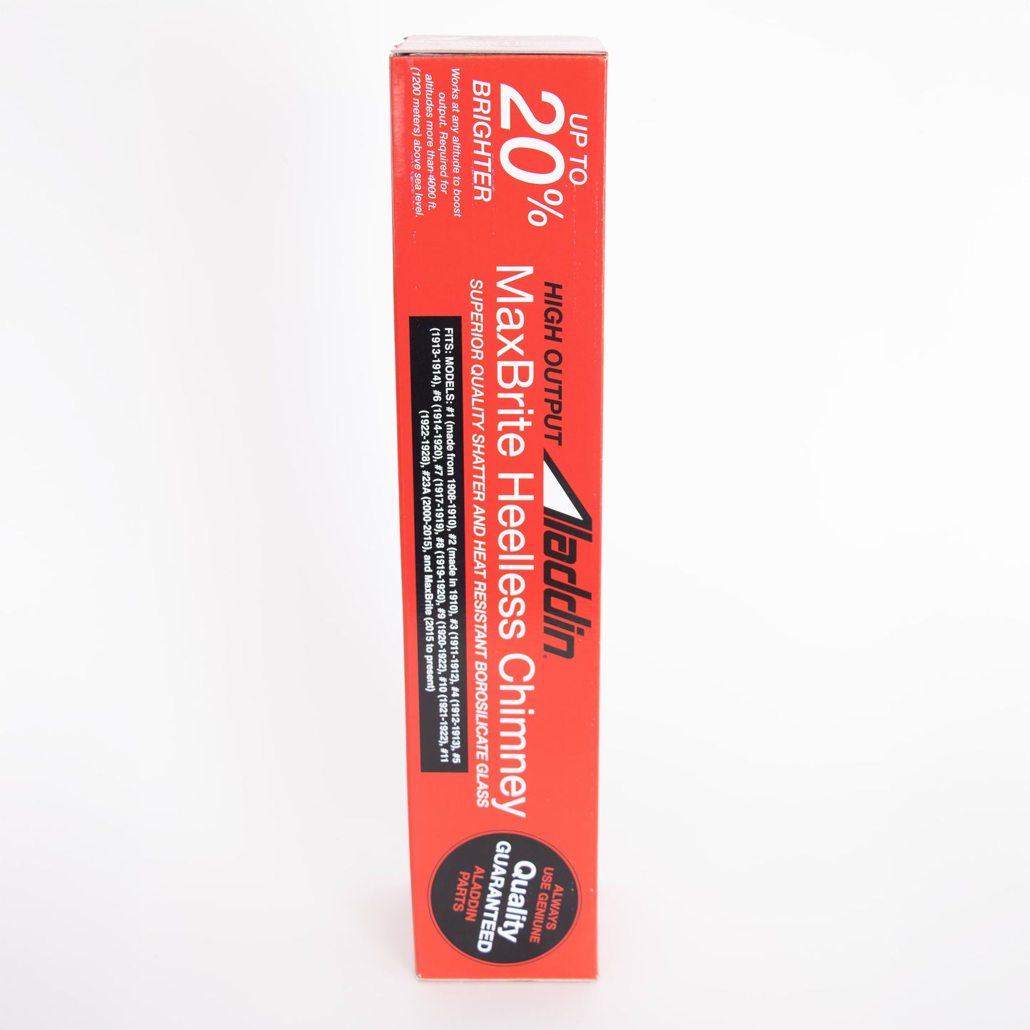 Red rectangular box packaging for high output chimney featuring bold white and black text highlighting up to 20% brighter light output, part of Lamps & Lighting, Parts and Accessories, Chimneys and Globes, Best Sellers, and Promo Eligible collections.