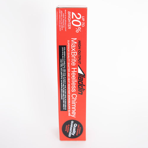 Red rectangular box packaging for high output chimney featuring bold white and black text highlighting up to 20% brighter light output, part of Lamps & Lighting, Parts and Accessories, Chimneys and Globes, Best Sellers, and Promo Eligible collections.