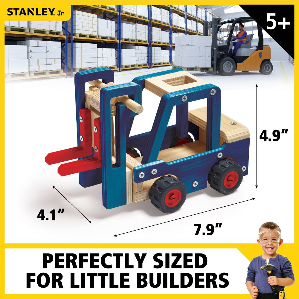 Handcrafted wooden forklift toy kit in blue, red, and natural wood tones, designed for indoor play and creative building within Toys, Children's Toys, and Arts and Crafts collections.