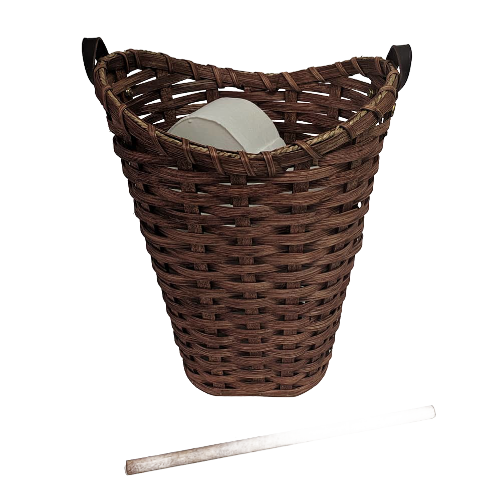 Dark brown handwoven maple wood basket with a separate birch dispensing rod, handcrafted by Amish artisans in the USA, designed to store and dispense four standard toilet paper rolls, featured in Home & Decor and Household Helpers collections.