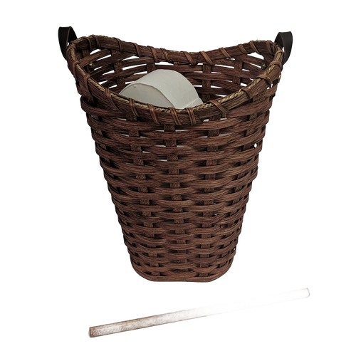 Dark brown handwoven maple wood basket with a separate birch dispensing rod, handcrafted by Amish artisans in the USA, designed to store and dispense four standard toilet paper rolls, featured in Home & Decor and Household Helpers collections.