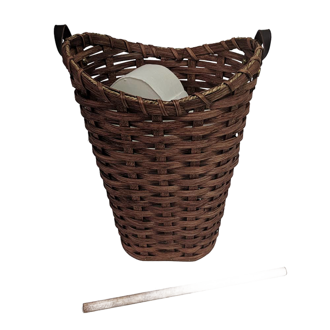 Dark brown handwoven maple wood basket with a separate birch dispensing rod, handcrafted by Amish artisans in the USA, designed to store and dispense four standard toilet paper rolls, featured in Home & Decor and Household Helpers collections.