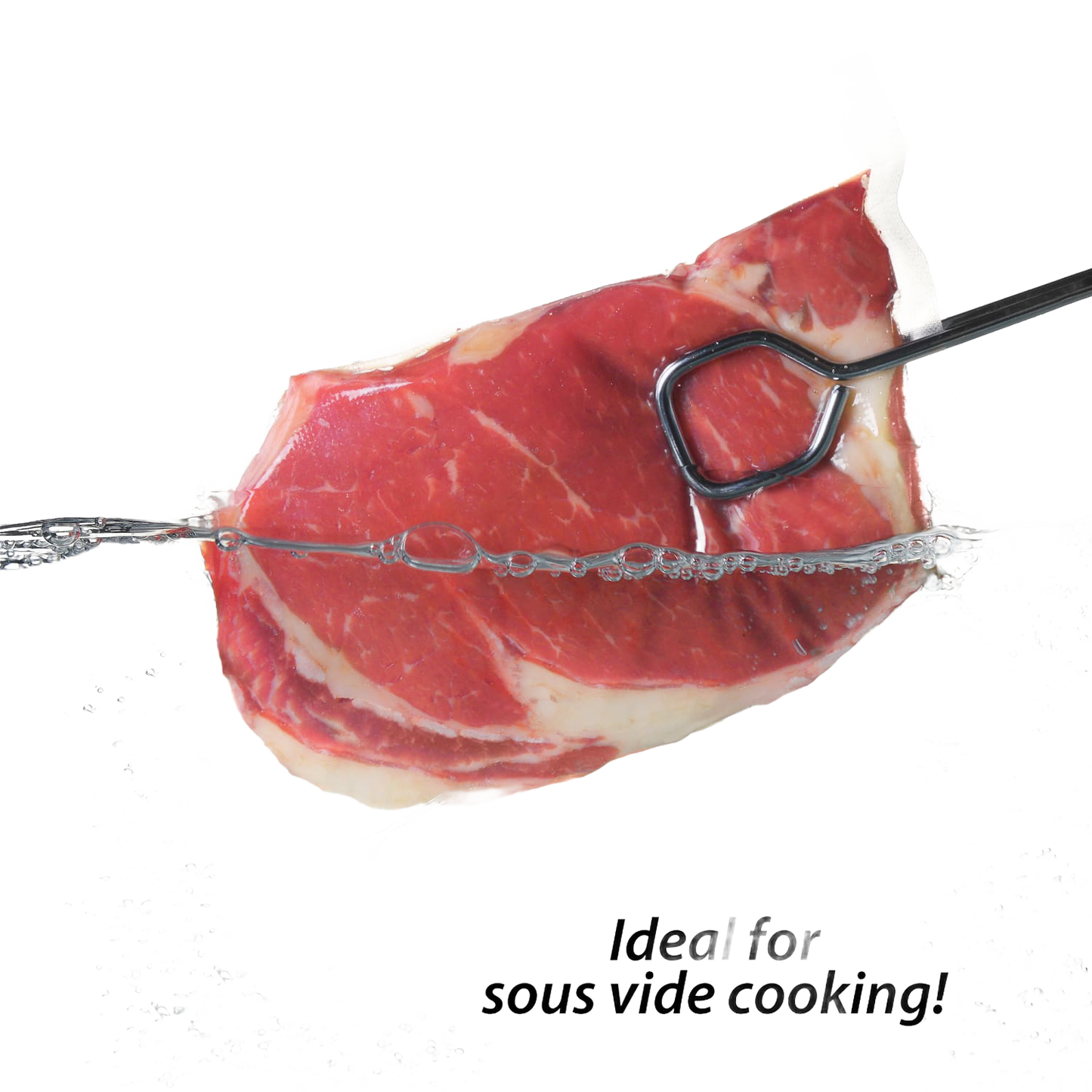 Raw marbled beef steak vacuum-sealed in a clear plastic bag with a metal meat fork, demonstrating food preservation for Kitchen & Food, Food Preservation, and Freezing collections.