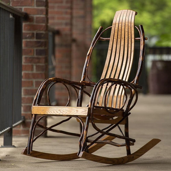 Handcrafted Amish-made rocking chair with a natural wood slat back and rustic bentwood frame, ideal for Home & Decor, Indoor Furniture, USA Made, and Best Sellers collections.