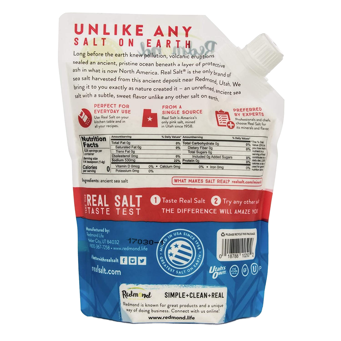Back of a natural sea salt package highlighting its origin from an ancient Utah deposit, emphasizing purity and trace minerals, ideal for Kitchen & Food, Food, Pantry, USA Made, Best Sellers, and Promo Eligible collections.