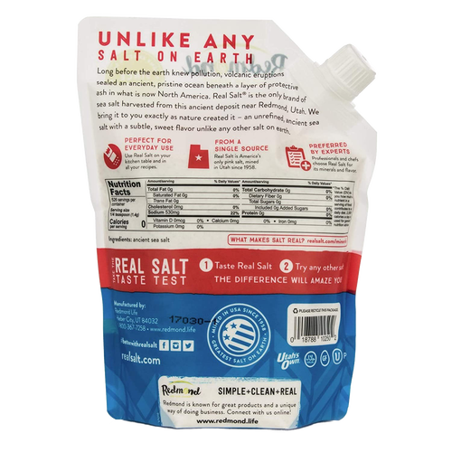 Back of a natural sea salt package highlighting its origin from an ancient Utah deposit, emphasizing purity and trace minerals, ideal for Kitchen & Food, Food, Pantry, USA Made, Best Sellers, and Promo Eligible collections.
