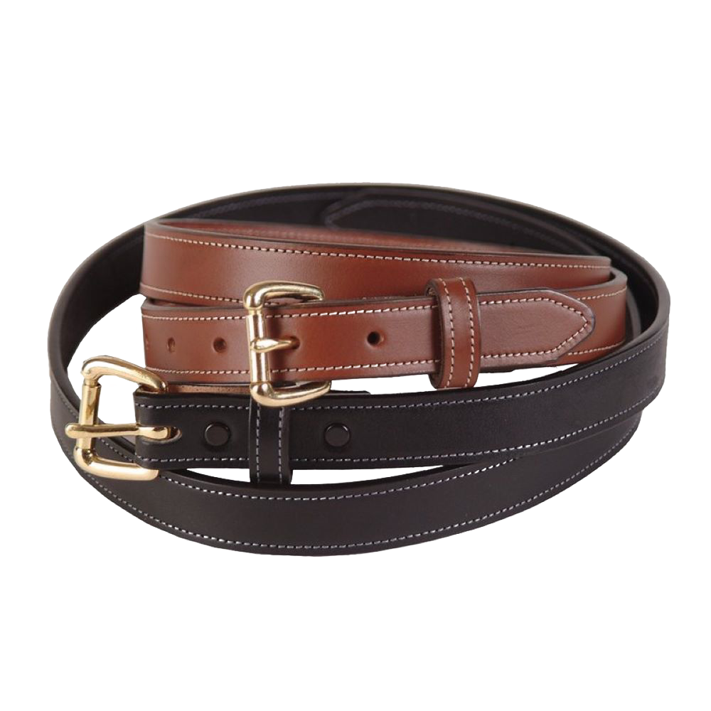 Pair of handcrafted Amish made 1-inch wide dressy leather belts in genuine English bridle leather, one brown and one black, with brass buckles and fine stitching, ideal for USA Made and Best Sellers collections.