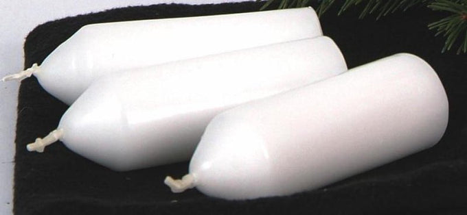 Three sturdy white replacement candles with unlit wicks, designed for lasting use in camping, emergency lighting, and outdoor lanterns in farm and garden settings.