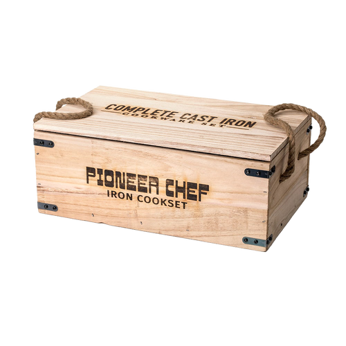 Wooden storage box with rope handles labeled Pioneer Chef Iron Cookset, designed for holding a complete cast iron cookware set, ideal for camping, kitchen, and outdoor use in Farm, Garden & Tool, Kitchen & Food, Camping, Cookware, Cast Iron, Best Sellers, and Promo Eligible collections.