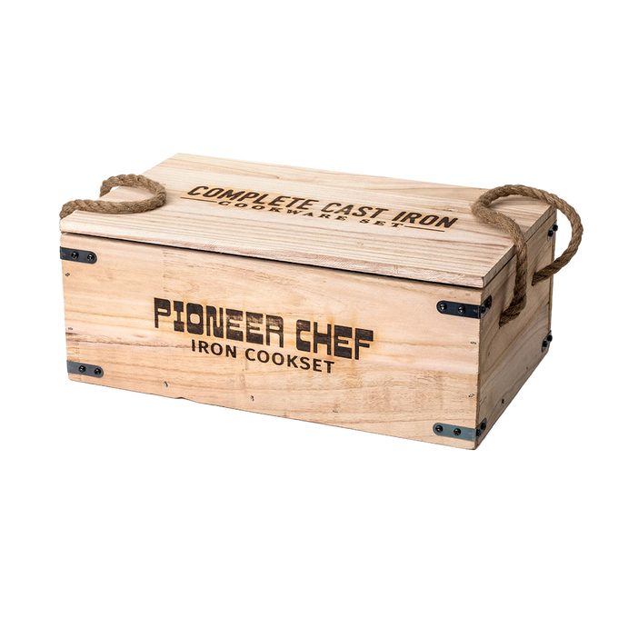 Wooden storage box with rope handles labeled Pioneer Chef Iron Cookset, designed for holding a complete cast iron cookware set, ideal for camping, kitchen, and outdoor use in Farm, Garden & Tool, Kitchen & Food, Camping, Cookware, Cast Iron, Best Sellers, and Promo Eligible collections.