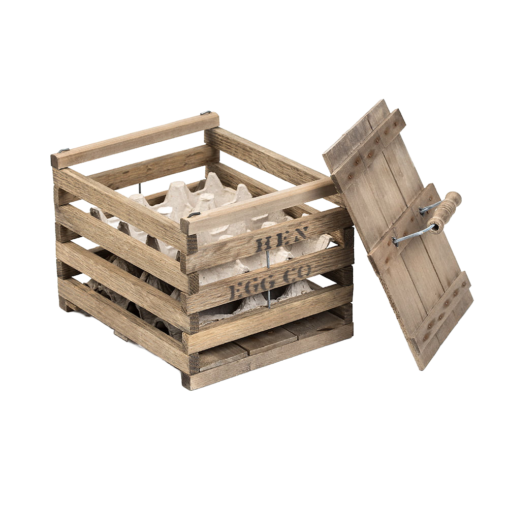 Handcrafted wooden crates with a hinged lid, designed to safely carry and store eggs, ideal for farm, garden, animal care, and chicken accessory use.