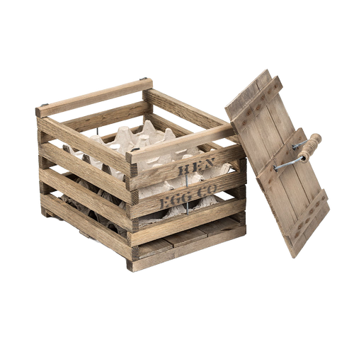Handcrafted wooden crates with a hinged lid, designed to safely carry and store eggs, ideal for farm, garden, animal care, and chicken accessory use.