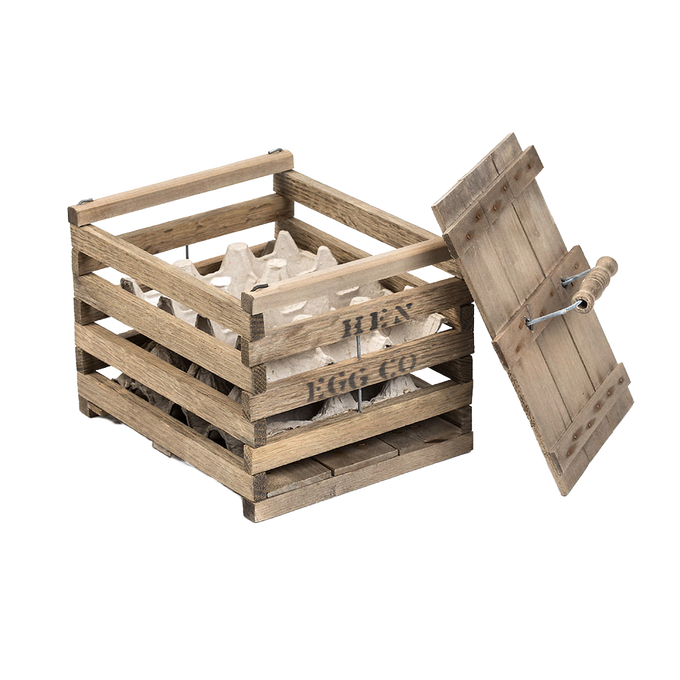 Handcrafted wooden crates with a hinged lid, designed to safely carry and store eggs, ideal for farm, garden, animal care, and chicken accessory use.